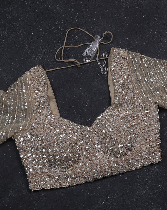 Beige Netted Designer Saree With Embroidery Readymade Blouse