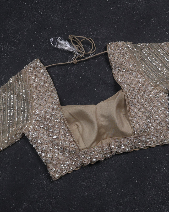 Beige Netted Designer Saree With Embroidery Readymade Blouse