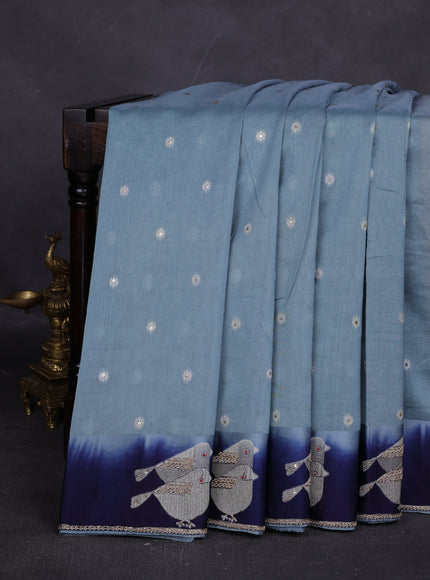 Sky Blue-Navy Blue Tussar Designer Saree With Brocade Readymade Blouse