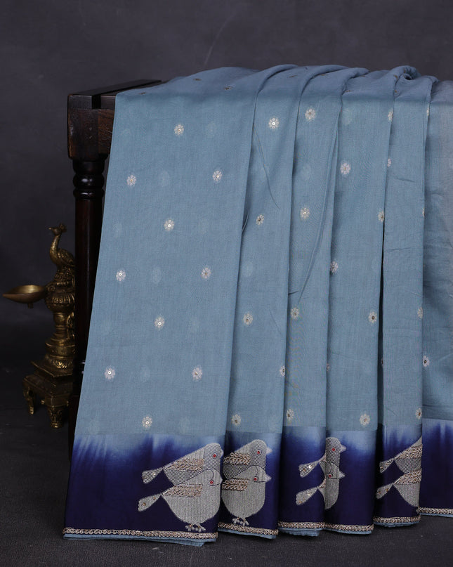 Sky Blue-Navy Blue Tussar Designer Saree With Brocade Readymade Blouse