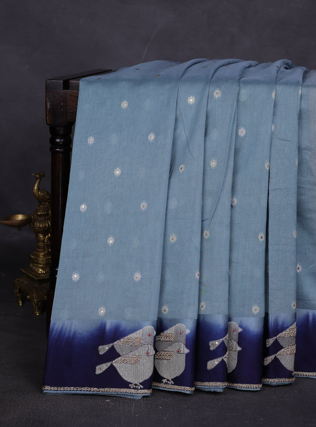 Sky Blue-Navy Blue Tussar Designer Saree With Brocade Readymade Blouse