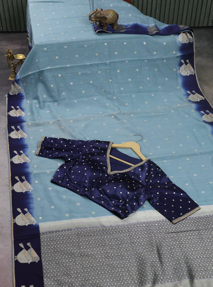 Sky Blue-Navy Blue Tussar Designer Saree With Brocade Readymade Blouse