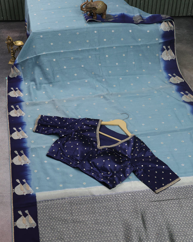 Sky Blue-Navy Blue Tussar Designer Saree With Brocade Readymade Blouse