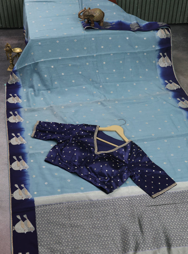 Sky Blue-Navy Blue Tussar Designer Saree With Brocade Readymade Blouse