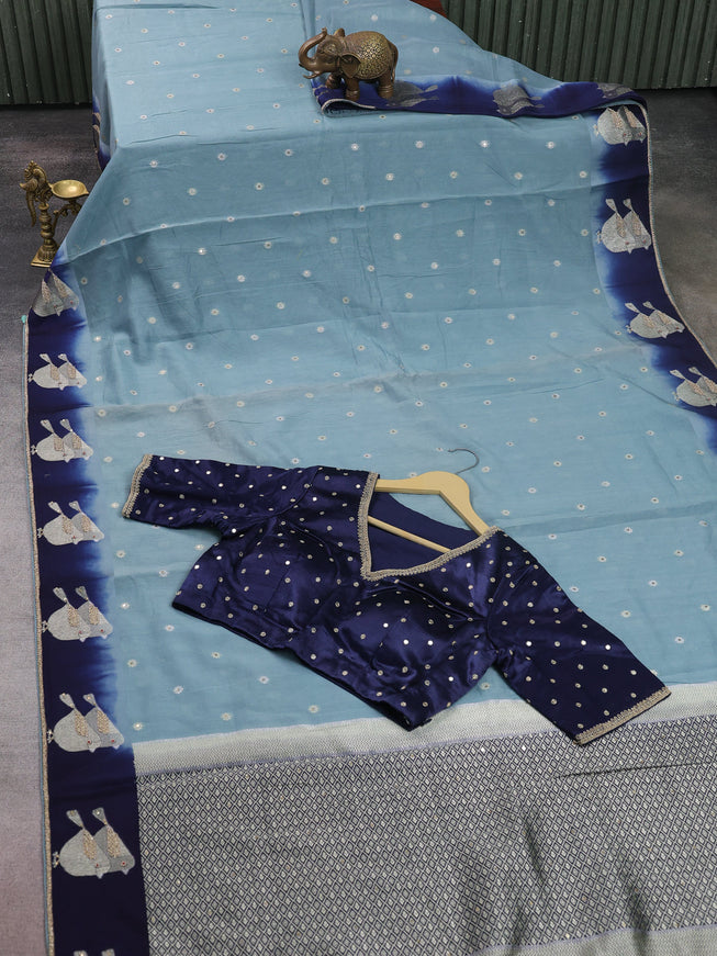Sky Blue-Navy Blue Tussar Designer Saree With Brocade Readymade Blouse