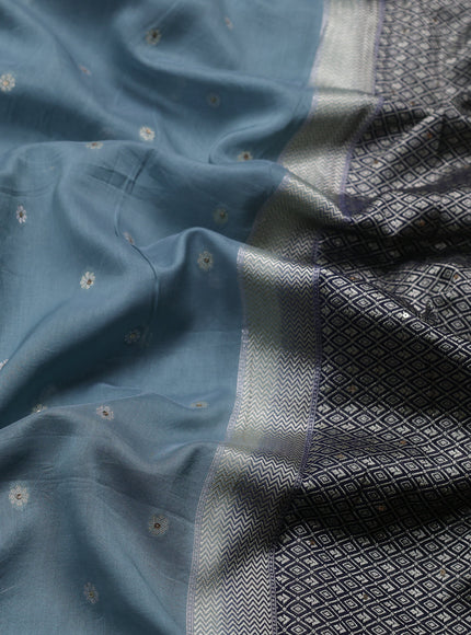 Sky Blue-Navy Blue Tussar Designer Saree With Brocade Readymade Blouse