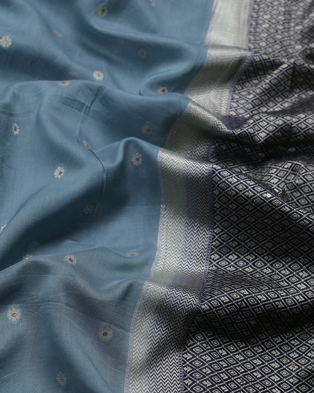 Sky Blue-Navy Blue Tussar Designer Saree With Brocade Readymade Blouse