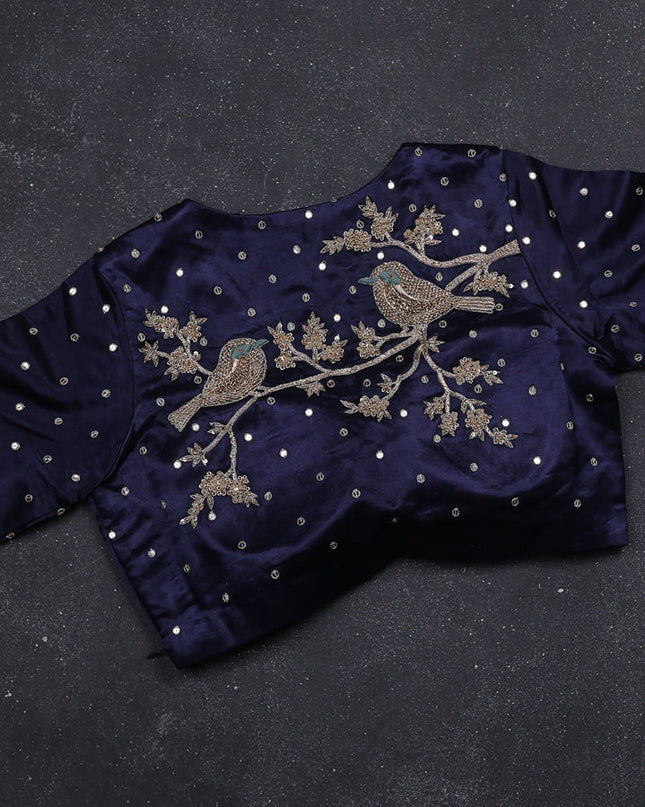 Sky Blue-Navy Blue Tussar Designer Saree With Brocade Readymade Blouse