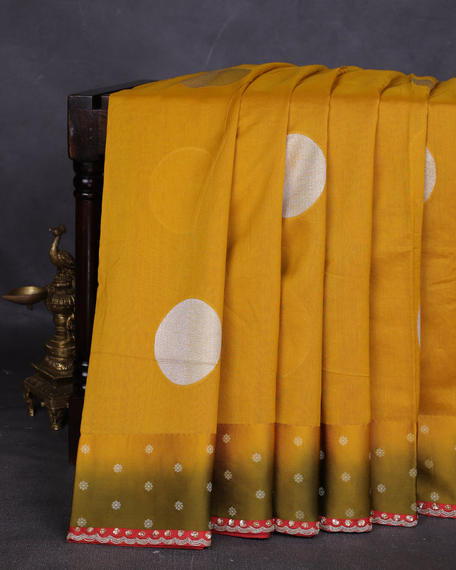 Mustard Yellow Tussar Designer Saree With Brocade Readymade Blouse
