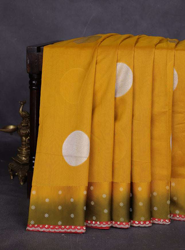 Mustard Yellow Tussar Designer Saree With Brocade Readymade Blouse