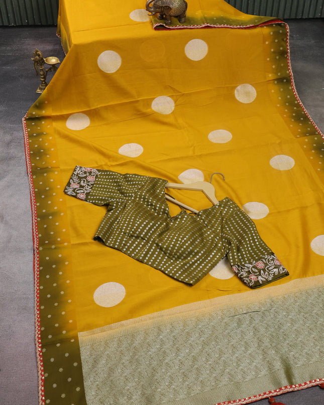 Mustard Yellow Tussar Designer Saree With Brocade Readymade Blouse