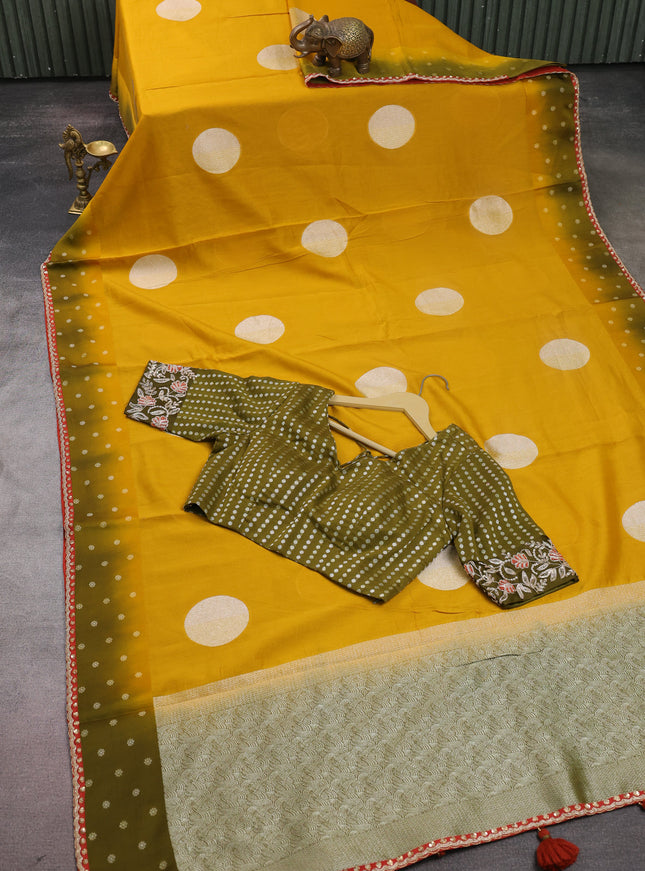 Mustard Yellow Tussar Designer Saree With Brocade Readymade Blouse