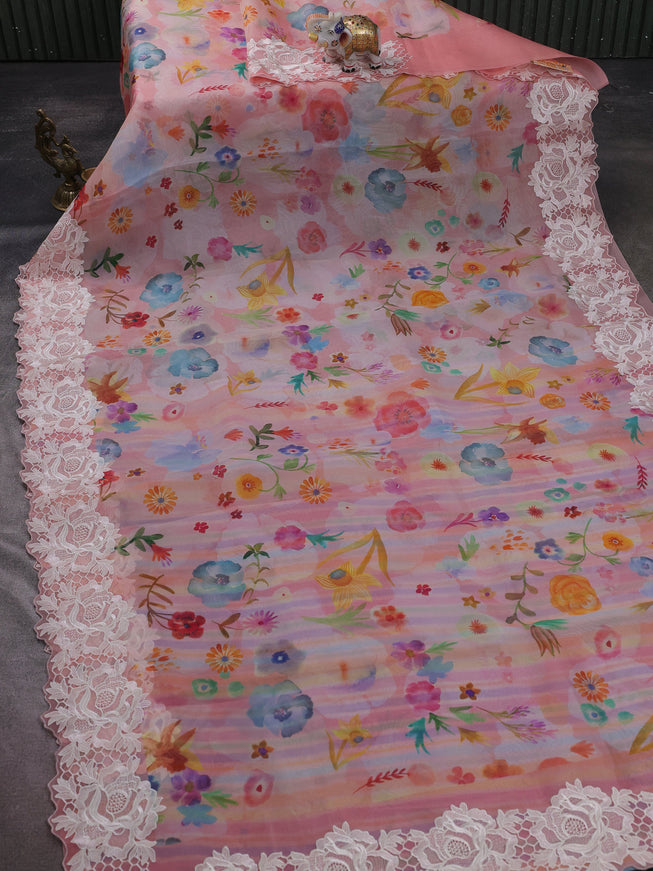 Peach Organza Embroidery Saree