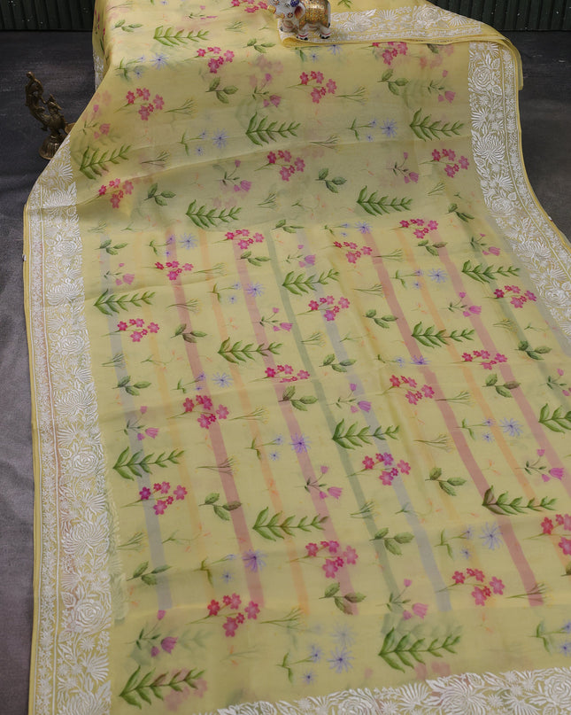 Yellow Organza Embroidery Saree