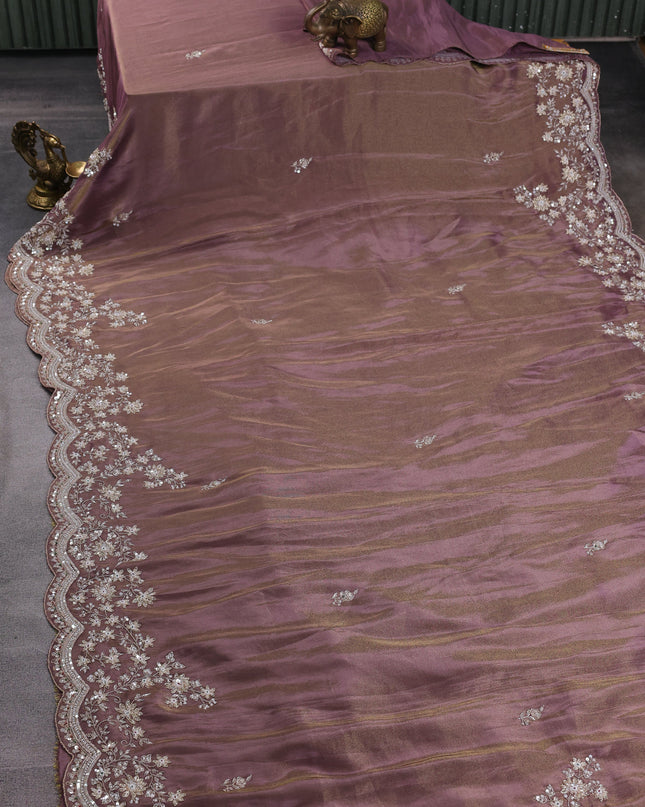 Dark Levender Georgette Tissue Embroidery Saree