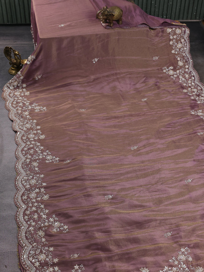 Dark Levender Georgette Tissue Embroidery Saree