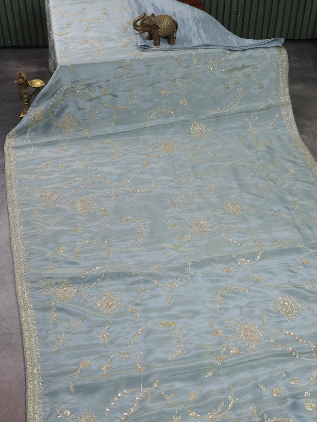 Pastel Blue Georgette Tissue Embroidery Saree
