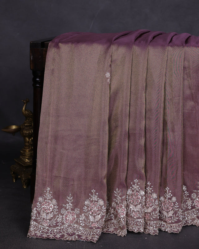 Dark Levender Georgette Tissue Embroidery Saree