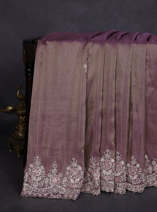 Dark Levender Georgette Tissue Embroidery Saree