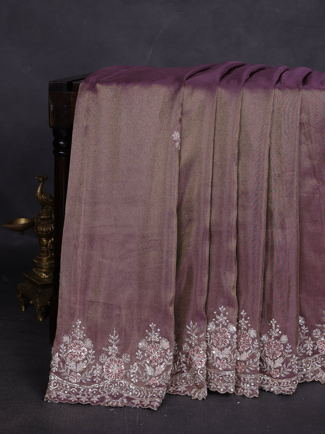 Dark Levender Georgette Tissue Embroidery Saree