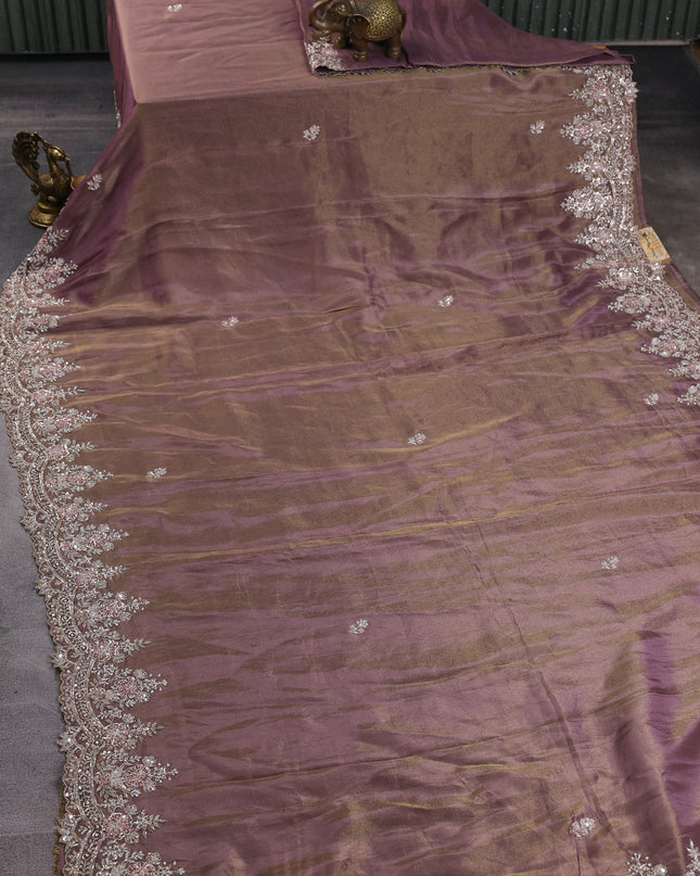 Dark Levender Georgette Tissue Embroidery Saree