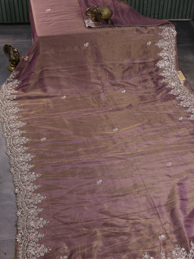 Dark Levender Georgette Tissue Embroidery Saree