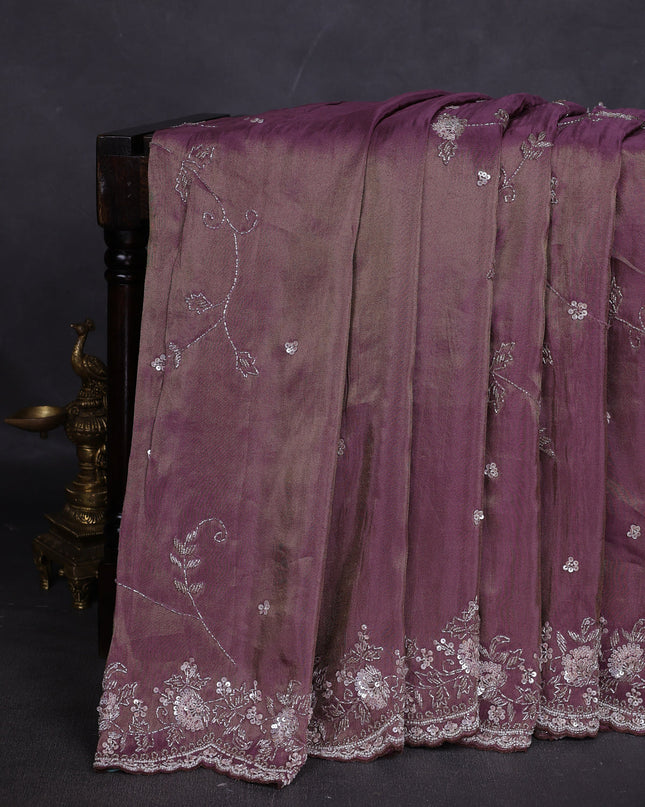 Dark Levender Georgette Tissue Embroidery Saree