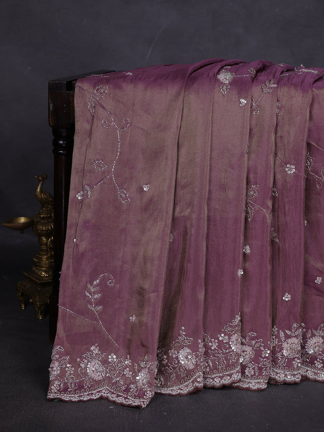 Dark Levender Georgette Tissue Embroidery Saree