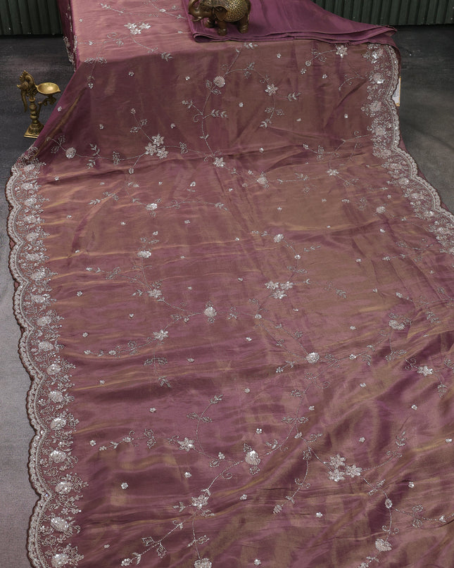 Dark Levender Georgette Tissue Embroidery Saree