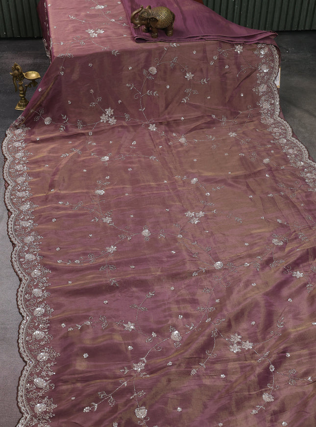 Dark Levender Georgette Tissue Embroidery Saree