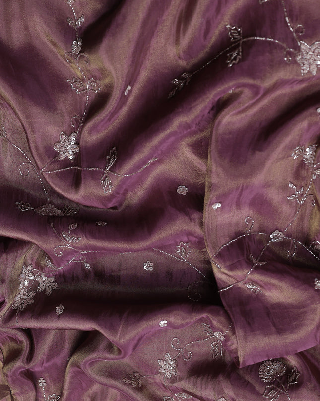 Dark Levender Georgette Tissue Embroidery Saree