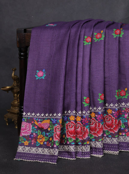 Purple Tussar Embroidery Silk Saree