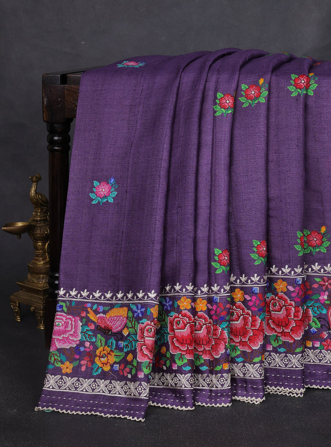 Purple Tussar Embroidery Silk Saree