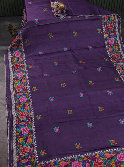 Purple Tussar Embroidery Silk Saree