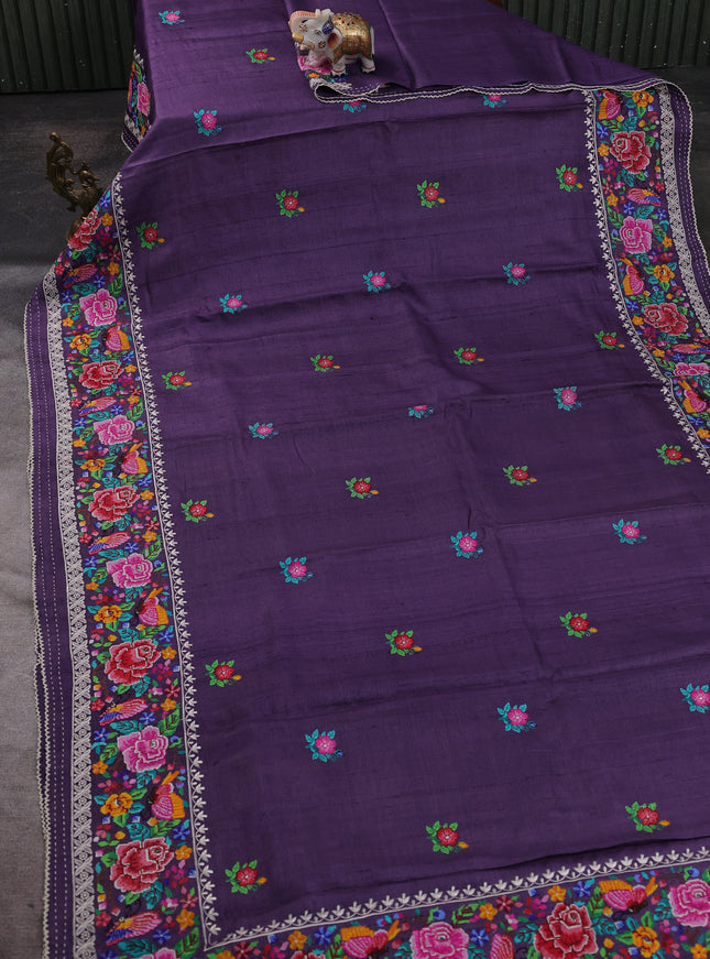 Purple Tussar Embroidery Silk Saree