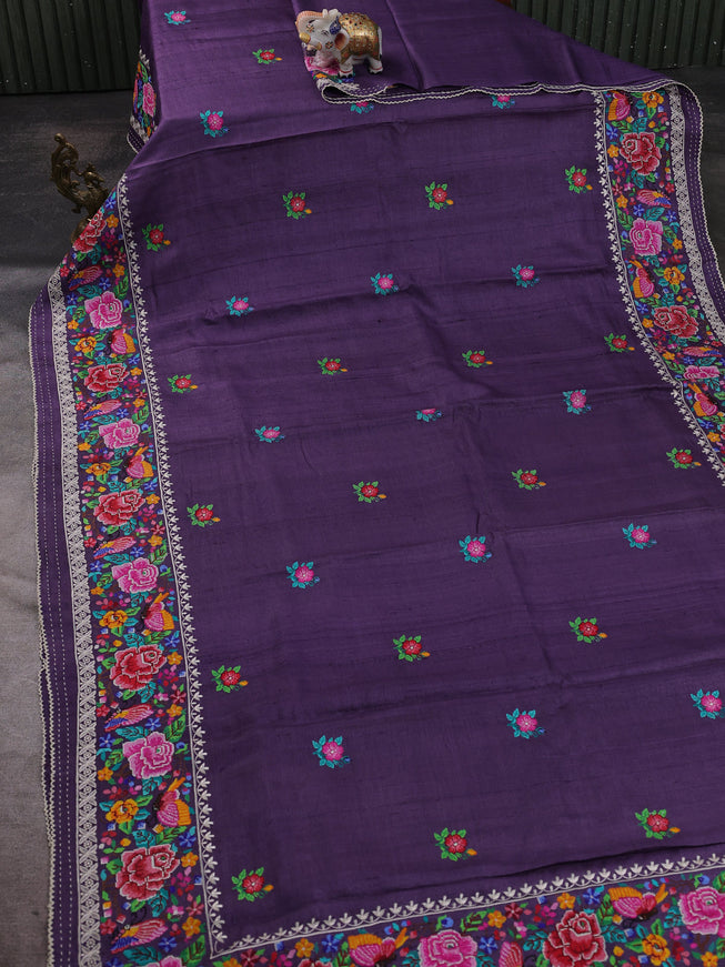 Purple Tussar Embroidery Silk Saree