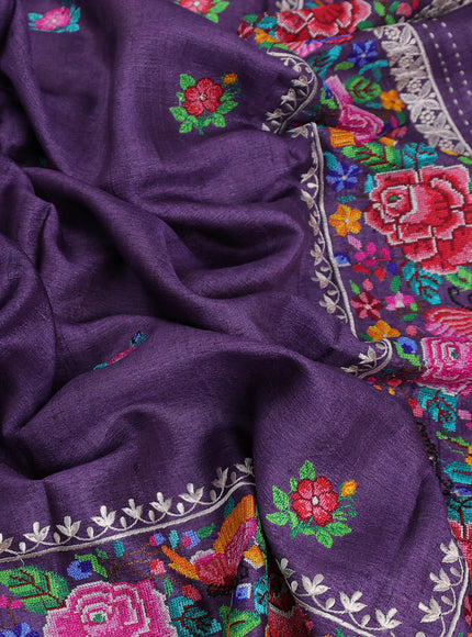 Purple Tussar Embroidery Silk Saree