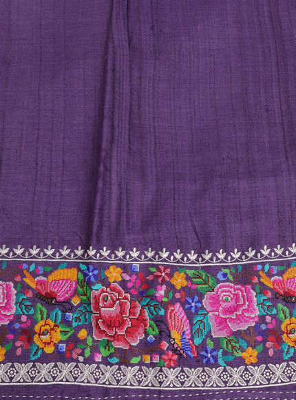 Purple Tussar Embroidery Silk Saree
