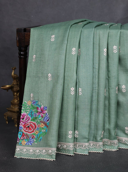 Pastel Green Tussar Embroidery Silk Saree