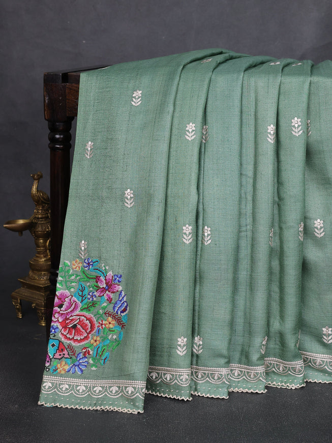 Pastel Green Tussar Embroidery Silk Saree