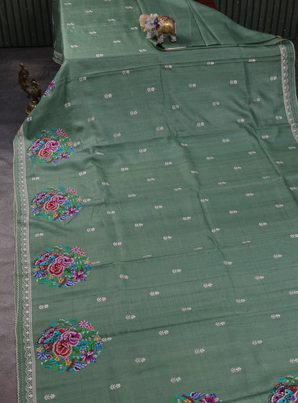 Pastel Green Tussar Embroidery Silk Saree