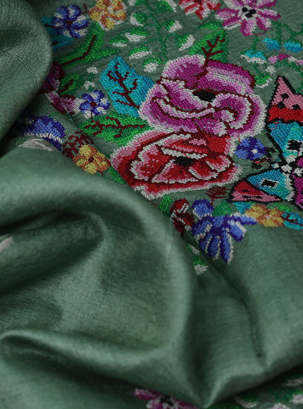 Pastel Green Tussar Embroidery Silk Saree