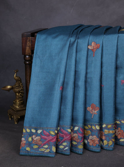 Teal Blue Tussar Silk Saree