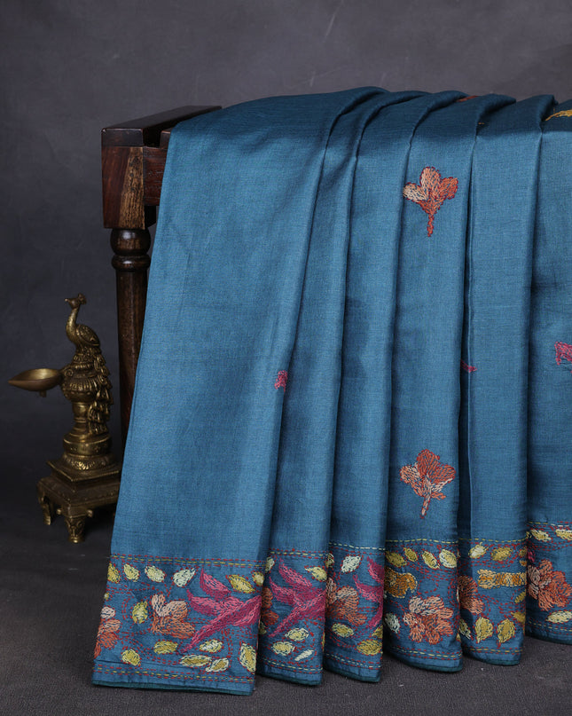 Teal Blue Tussar Silk Saree