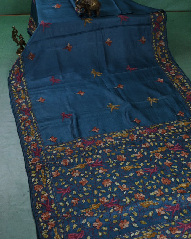 Teal Blue Tussar Silk Saree
