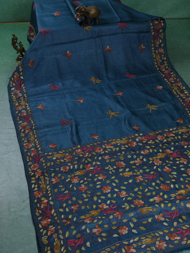 Teal Blue Tussar Silk Saree