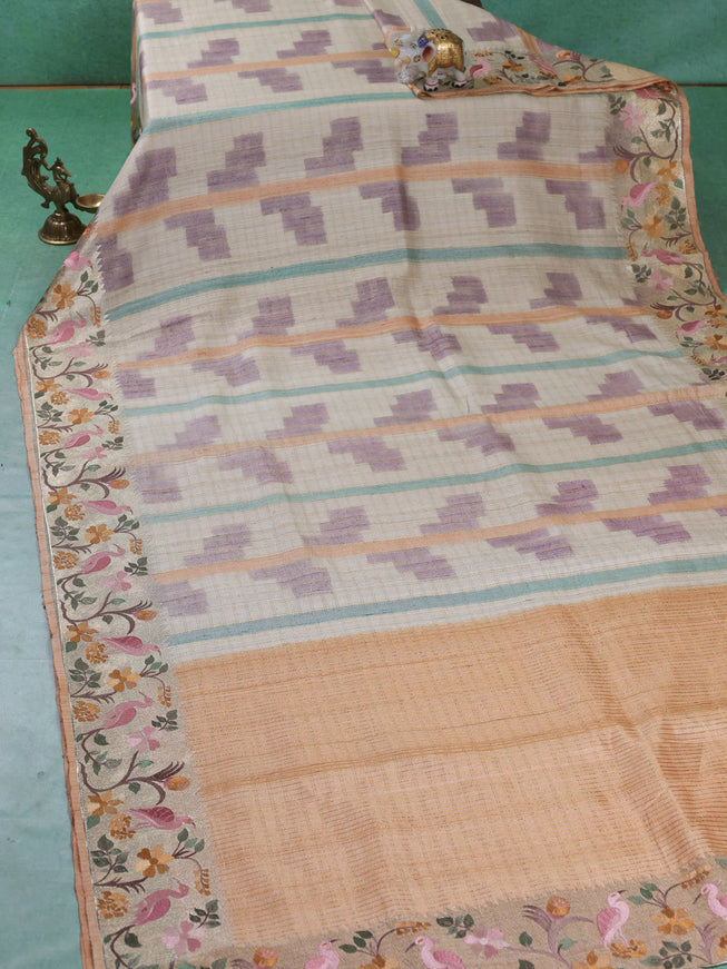 Beige Tussar Silk Saree