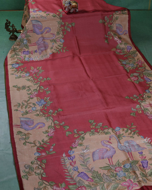 Peach Tussar Silk Saree