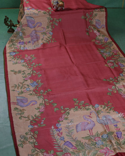 Peach Tussar Silk Saree