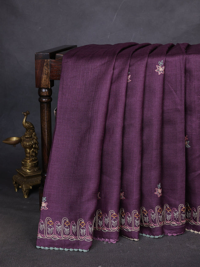 Wine Tussar Silk Saree